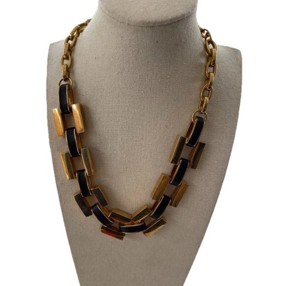 Ann Taylor Vintage Matte Gold and Black Leather Link Chain Necklace Quality 19” - Picture 3 of 16